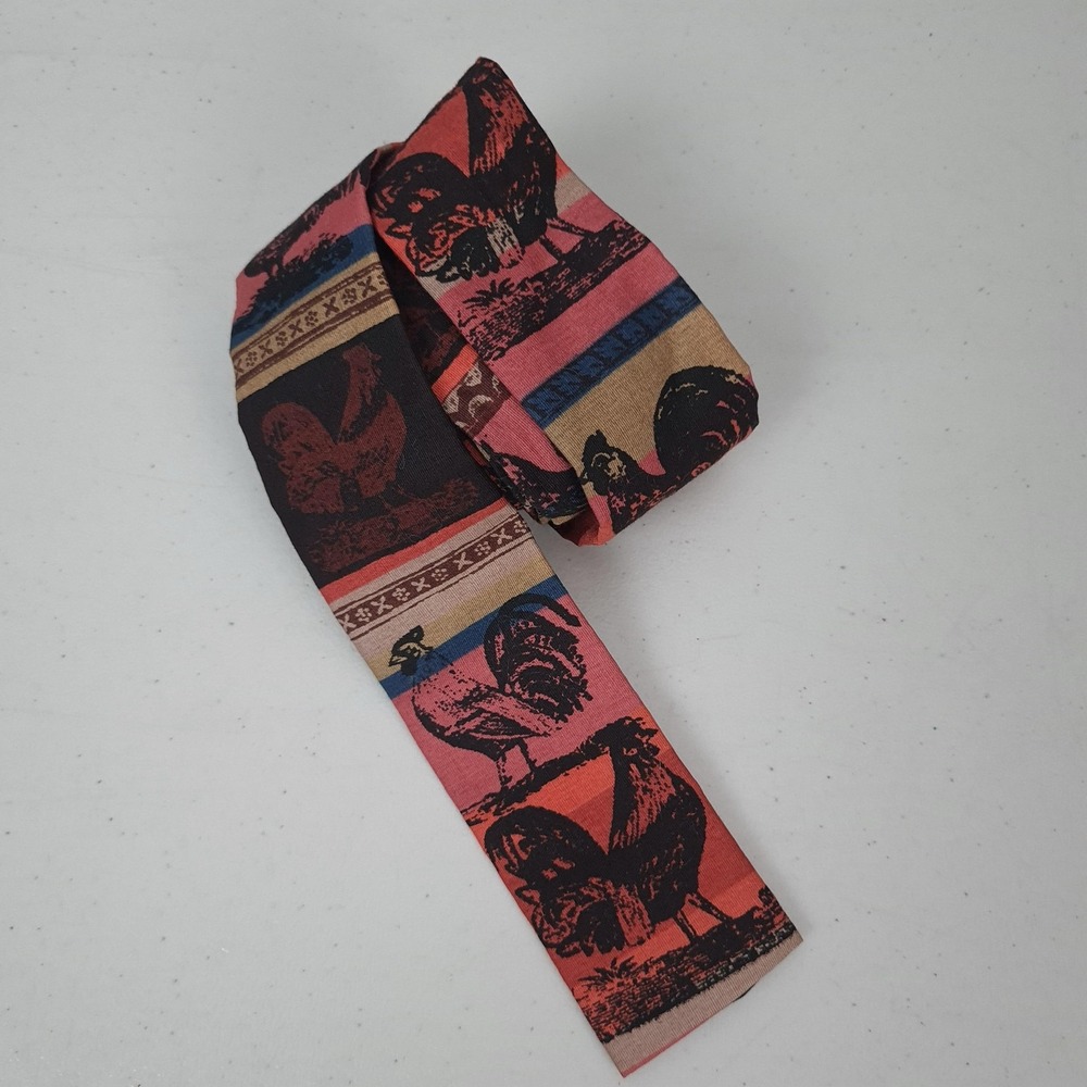 Vintage Rooster NeckTie Mens One Size Pink Rooster Chicken Square End Skinny 60s